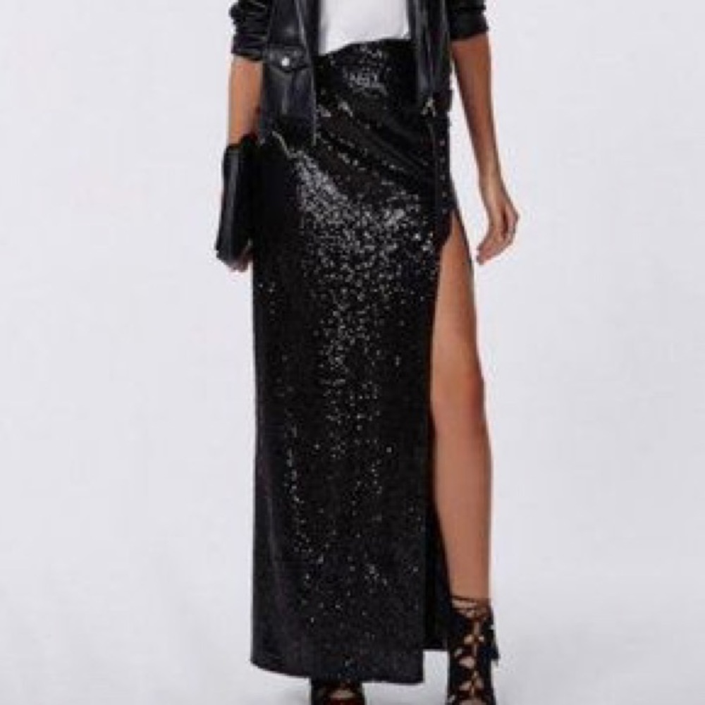 Missguided Black Sequin Long Skirt w Side Slit size US 2 NWT